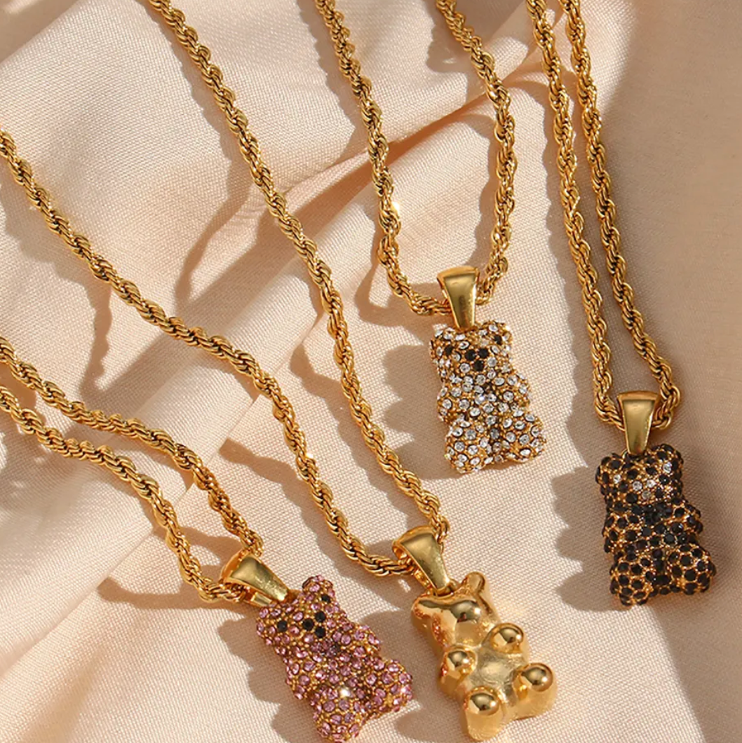 Rope Chain Zircon Bear Necklace